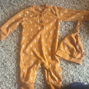 Cactus Print Mustard Kids One Piece with Hat